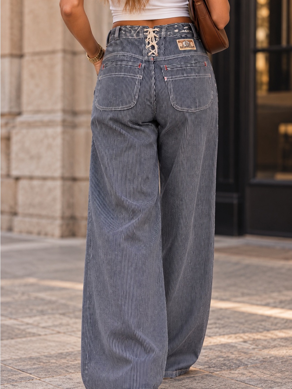 J Lerbret Pour Bis for Neiman Marcus 90s Railroad Wide-Leg Jeans W/Lace-Up Back